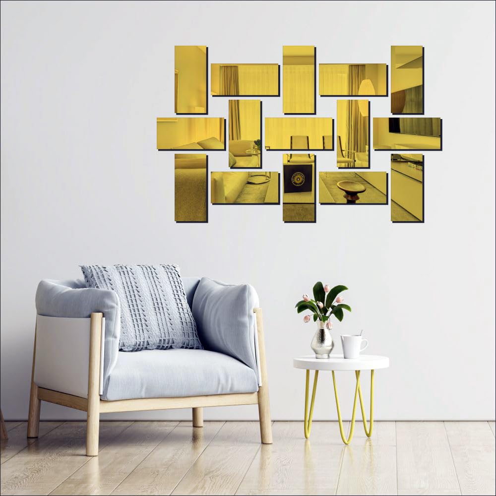 WALLSTICKERMART 21 Piece Gold Tile Acrylic Wall Mirror, Bathroom Mirror, Mirror for Bedroom, Wall Mirror for Hallway, livingroom, Kitchen (Large)