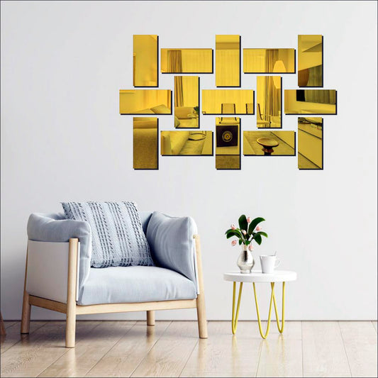 WALLSTICKERMART 21 Piece Gold Tile Acrylic Wall Mirror, Bathroom Mirror, Mirror for Bedroom, Wall Mirror for Hallway, livingroom, Kitchen (Large)